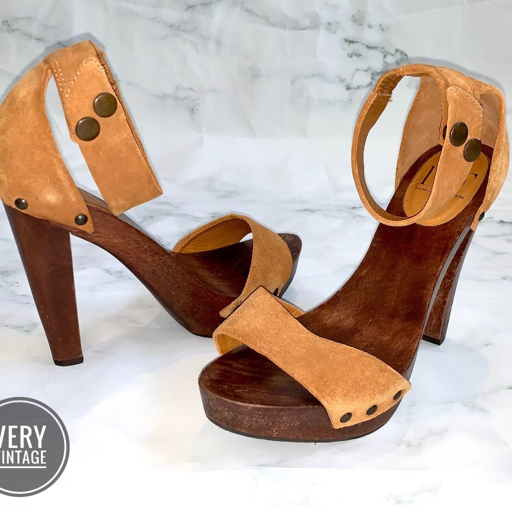 DVF Wooden Platform Suede Ankle Strap Heels Size 8
